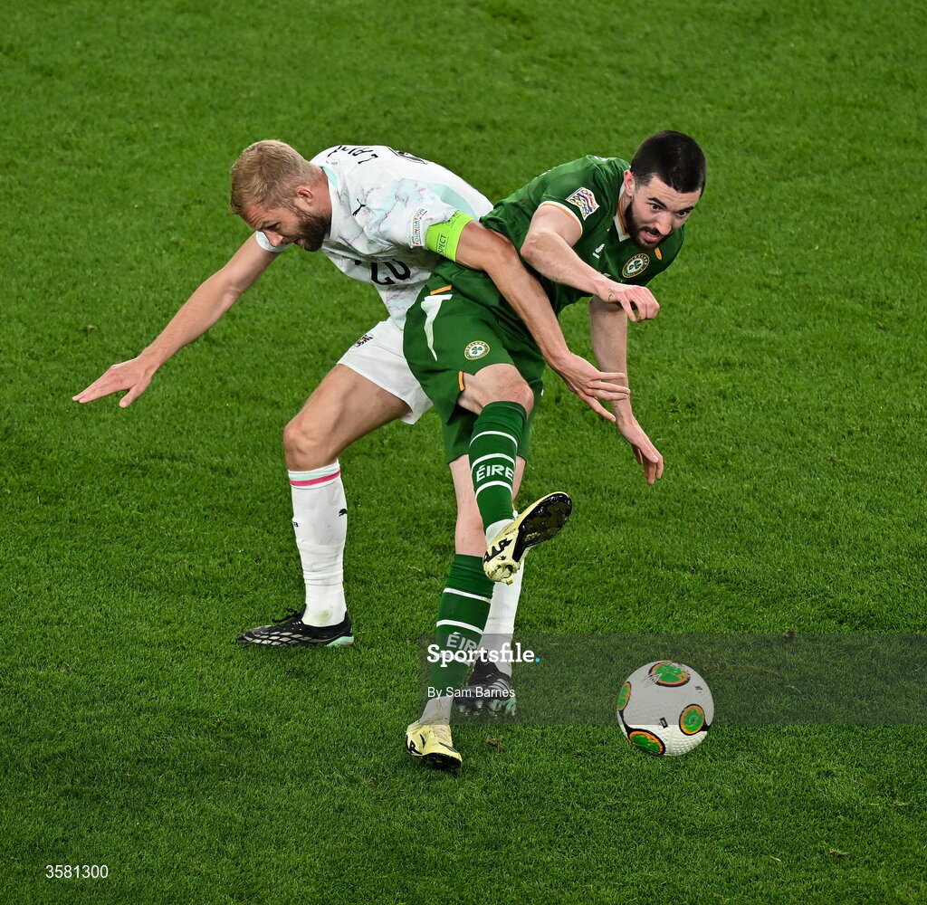 1 October 2026; Finn Azaz of Republic of Ireland in action against Konrad Laimer of Austria during the UEFA Nations League B match between the Republic of Ireland and Austria at the Aviva Stadium in Dublin. Photo by Sam Barnes/Sportsfile