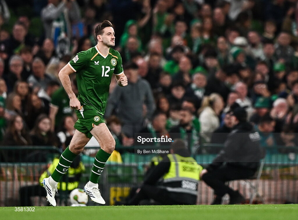 1 October 2026; Liam Kitching of Republic of Ireland comes on as a substitute during the UEFA Nations League B match between the Republic of Ireland and Austria at the Aviva Stadium in Dublin. Photo by Ben McShane/Sportsfile