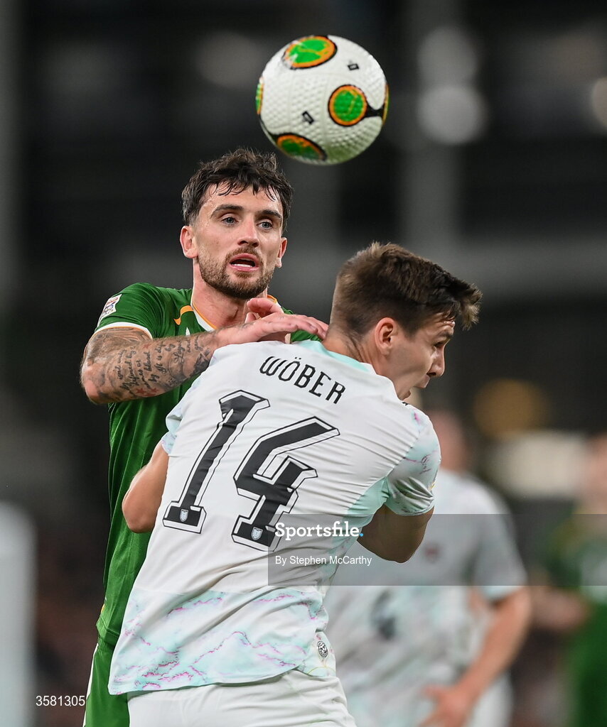 1 October 2026; Troy Parrott of Republic of Ireland in action against Maximilian Wöber of Austria during the UEFA Nations League B match between the Republic of Ireland and Austria at the Aviva Stadium in Dublin. Photo by Stephen McCarthy/Sportsfile
