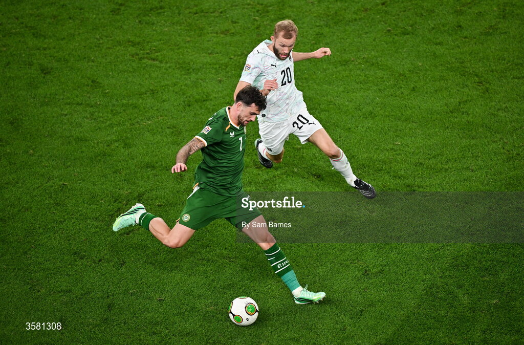 1 October 2026; Troy Parrott of Republic of Ireland in action against Konrad Laimer of Austria during the UEFA Nations League B match between the Republic of Ireland and Austria at the Aviva Stadium in Dublin. Photo by Sam Barnes/Sportsfile