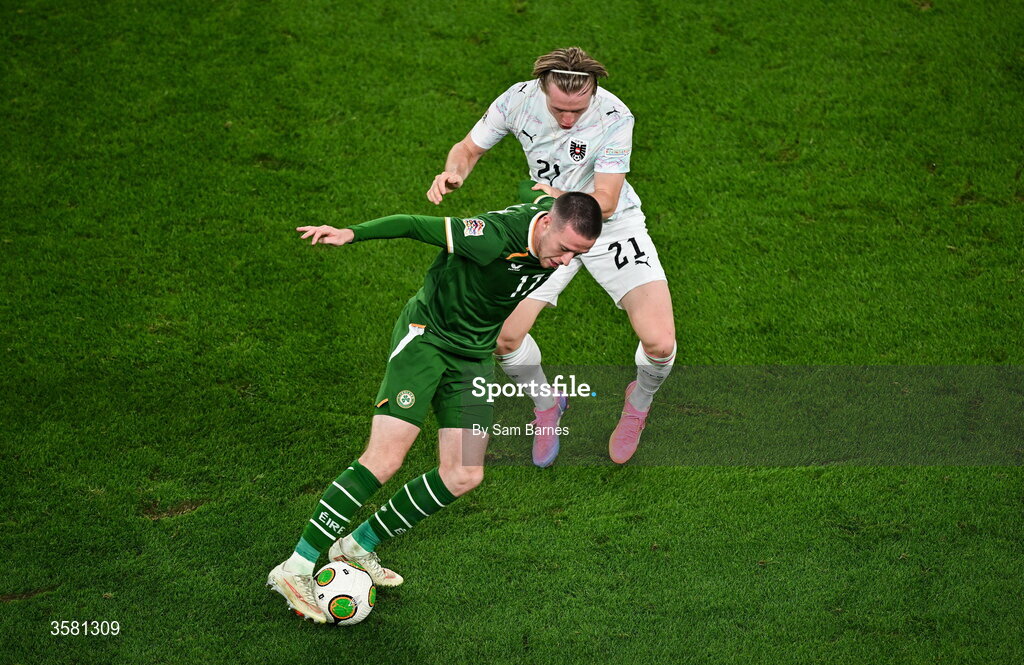 1 October 2026; Jack Moylan of Republic of Ireland in action against Patrick Wimmer of Austria during the UEFA Nations League B match between the Republic of Ireland and Austria at the Aviva Stadium in Dublin. Photo by Sam Barnes/Sportsfile