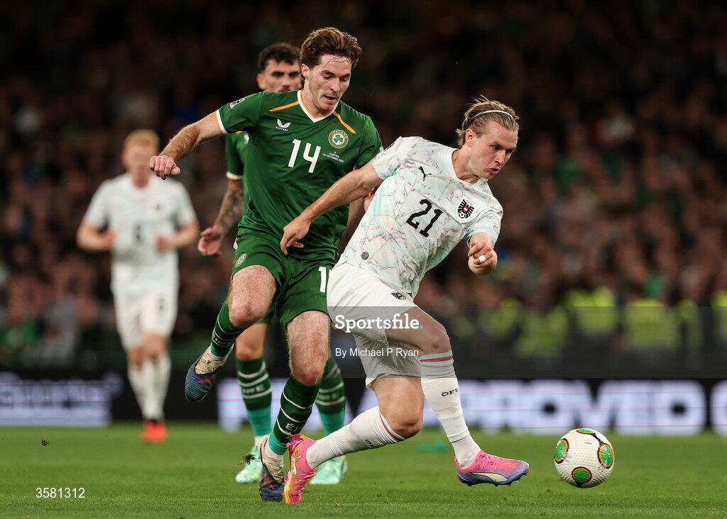 1 October 2026; Patrick Wimmer of Austria in action against Conor Coventry of Republic of Ireland during the UEFA Nations League B match between the Republic of Ireland and Austria at the Aviva Stadium in Dublin. Photo by Michael P Ryan/Sportsfile