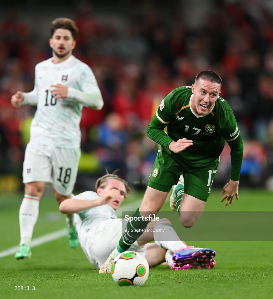 1 October 2026; Jack Moylan of Republic of Ireland in action against Patrick Wimmer of Austria during the UEFA Nations League B match between the Republic of Ireland and Austria at the Aviva Stadium in Dublin. Photo by Stephen McCarthy/Sportsfile