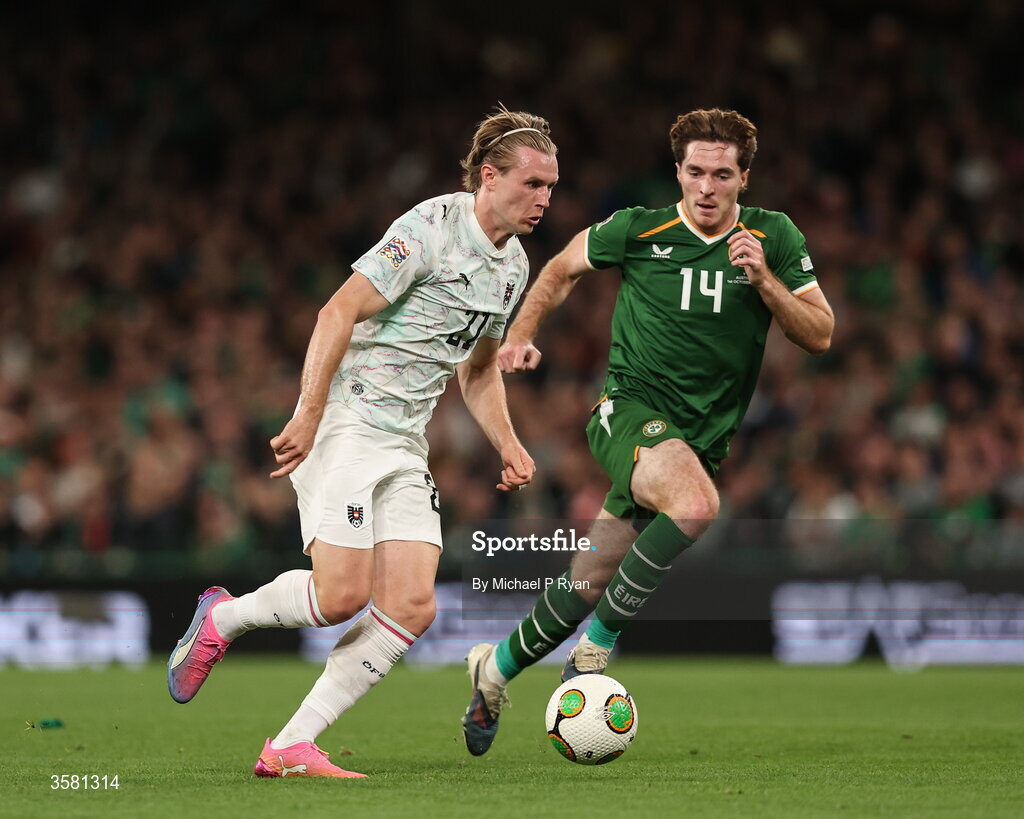 1 October 2026; Patrick Wimmer of Austria in action against Conor Coventry of Republic of Ireland during the UEFA Nations League B match between the Republic of Ireland and Austria at the Aviva Stadium in Dublin. Photo by Michael P Ryan/Sportsfile
