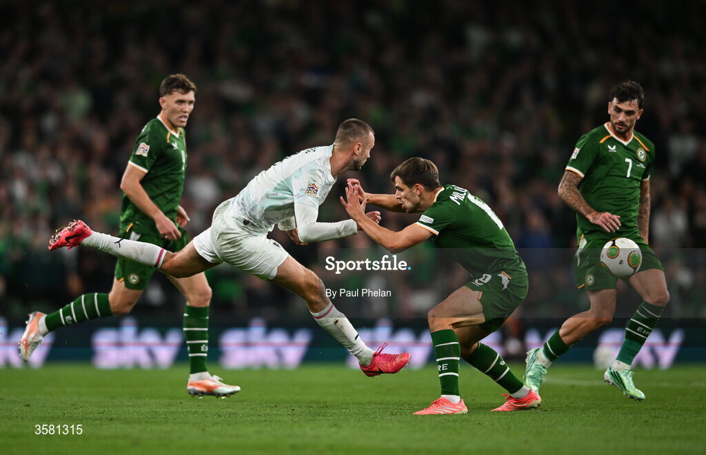 1 October 2026; Sasa Kalajdzic of Austria in action against Jayson Molumby of Republic of Ireland during the UEFA Nations League B match between the Republic of Ireland and Austria at the Aviva Stadium in Dublin. Photo by Paul Phelan/Sportsfile