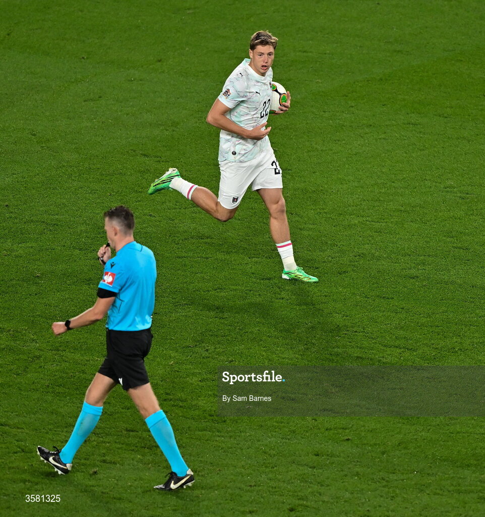 1 October 2026; Alexander Prass of Austria celebrates after scoring his side's first goal during the UEFA Nations League B match between the Republic of Ireland and Austria at the Aviva Stadium in Dublin. Photo by Sam Barnes/Sportsfile