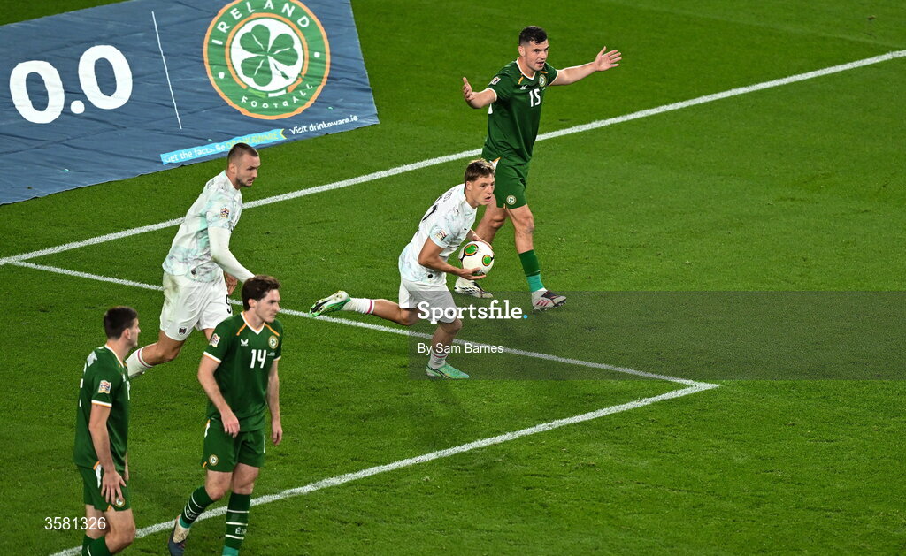 1 October 2026; Alexander Prass of Austria, centre, celebrates after scoring his side's first goal during the UEFA Nations League B match between the Republic of Ireland and Austria at the Aviva Stadium in Dublin. Photo by Sam Barnes/Sportsfile