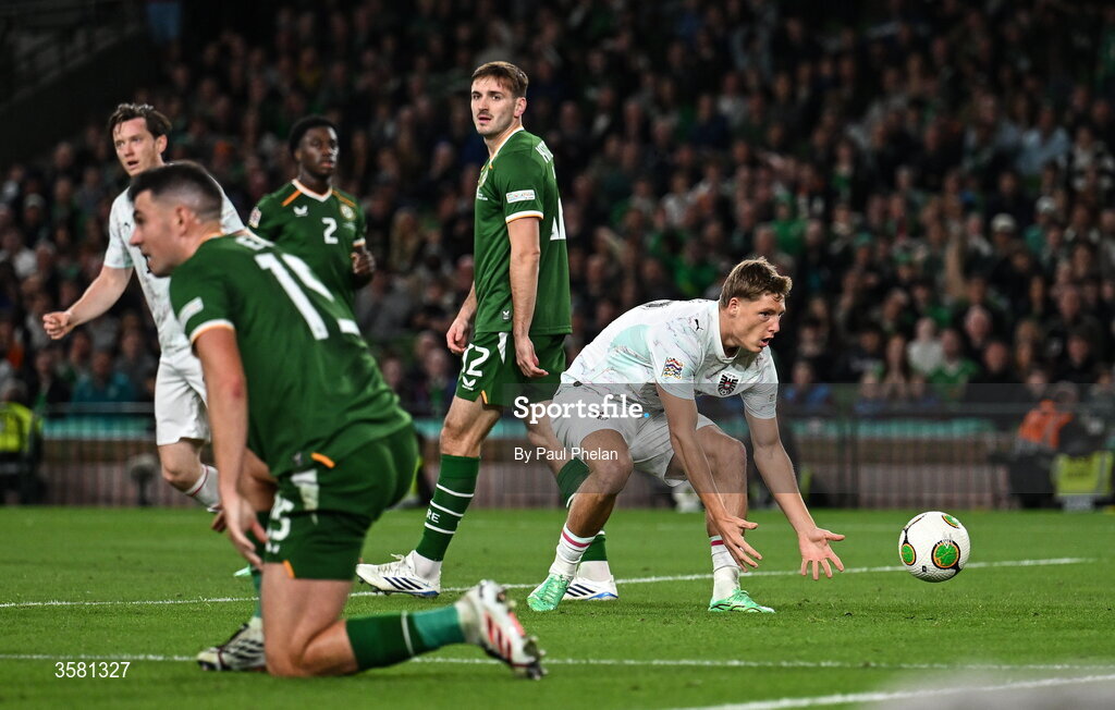 1 October 2026; Alexander Prass of Austria celebrates after scoring his side's first goal during the UEFA Nations League B match between the Republic of Ireland and Austria at the Aviva Stadium in Dublin. Photo by Paul Phelan/Sportsfile