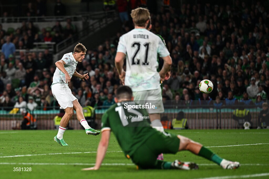 1 October 2026; Alexander Prass of Austria shoots to score his side's first goal during the UEFA Nations League B match between the Republic of Ireland and Austria at the Aviva Stadium in Dublin. Photo by Paul Phelan/Sportsfile
