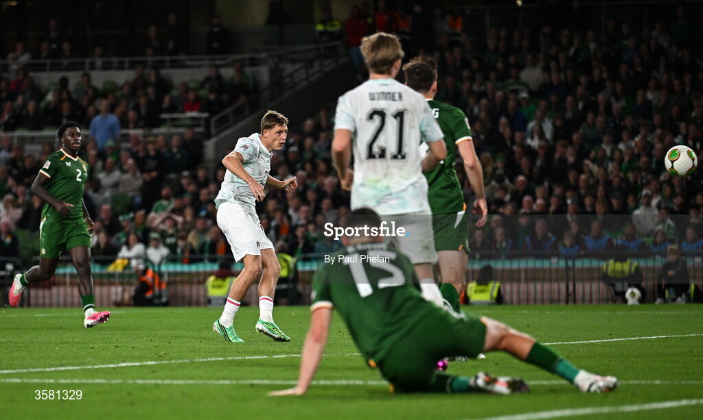 1 October 2026; Alexander Prass of Austria shoots to score his side's first goal during the UEFA Nations League B match between the Republic of Ireland and Austria at the Aviva Stadium in Dublin. Photo by Paul Phelan/Sportsfile