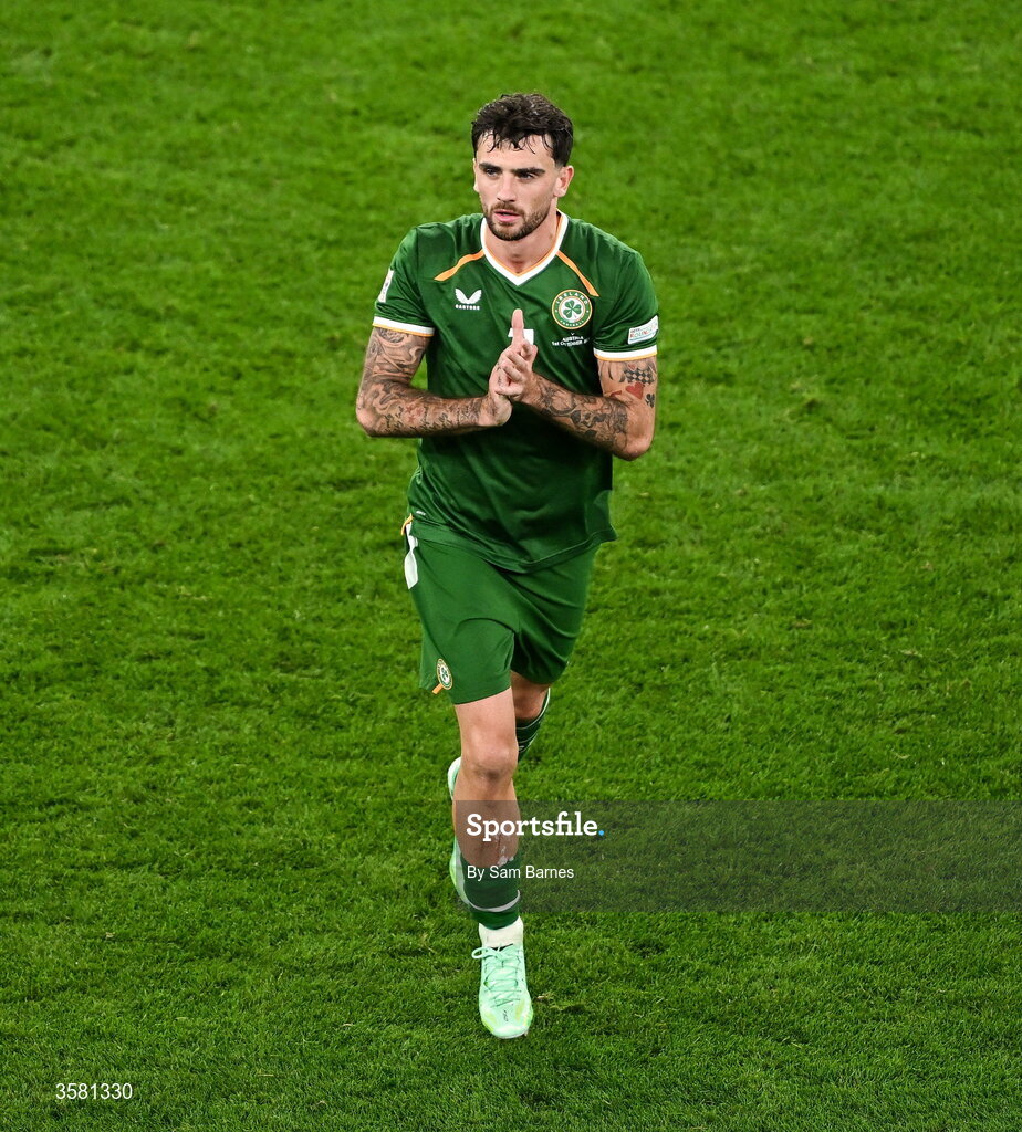 1 October 2026; Troy Parrott of Republic of Ireland applauds supporters as he leaves the pitch after being substituted during the UEFA Nations League B match between the Republic of Ireland and Austria at the Aviva Stadium in Dublin. Photo by Sam Barnes/Sportsfile