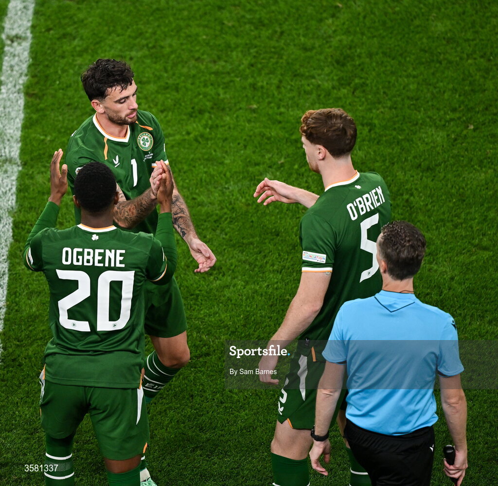 1 October 2026; Troy Parrott of Republic of Ireland, centre, leaves the pitch after being substituted for teammate Chiedozie Ogbene, 20, during the UEFA Nations League B match between the Republic of Ireland and Austria at the Aviva Stadium in Dublin. Photo by Sam Barnes/Sportsfile