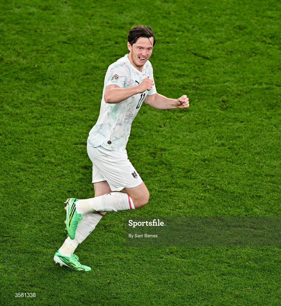 1 October 2026; Michael Gregoritsch of Austria celebrates after scoring his side's second goal during the UEFA Nations League B match between the Republic of Ireland and Austria at the Aviva Stadium in Dublin. Photo by Sam Barnes/Sportsfile