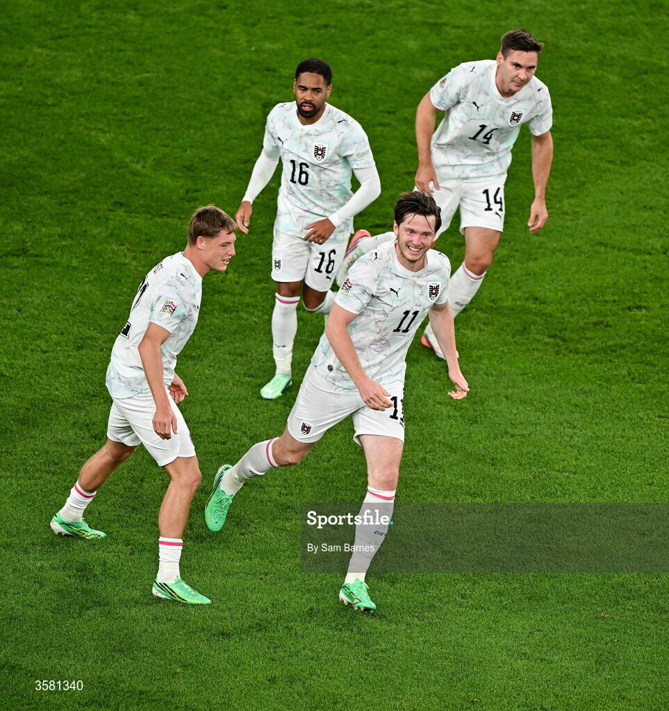 1 October 2026; Michael Gregoritsch of Austria, 11, celebrates with teammates after scoring his side's second goal during the UEFA Nations League B match between the Republic of Ireland and Austria at the Aviva Stadium in Dublin. Photo by Sam Barnes/Sportsfile