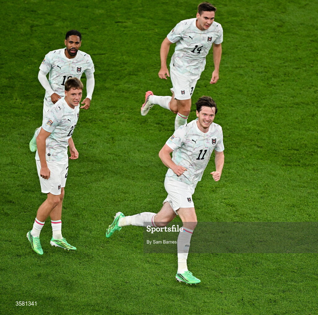1 October 2026; Michael Gregoritsch of Austria, 11, celebrates after scoring his side's second goal during the UEFA Nations League B match between the Republic of Ireland and Austria at the Aviva Stadium in Dublin. Photo by Sam Barnes/Sportsfile