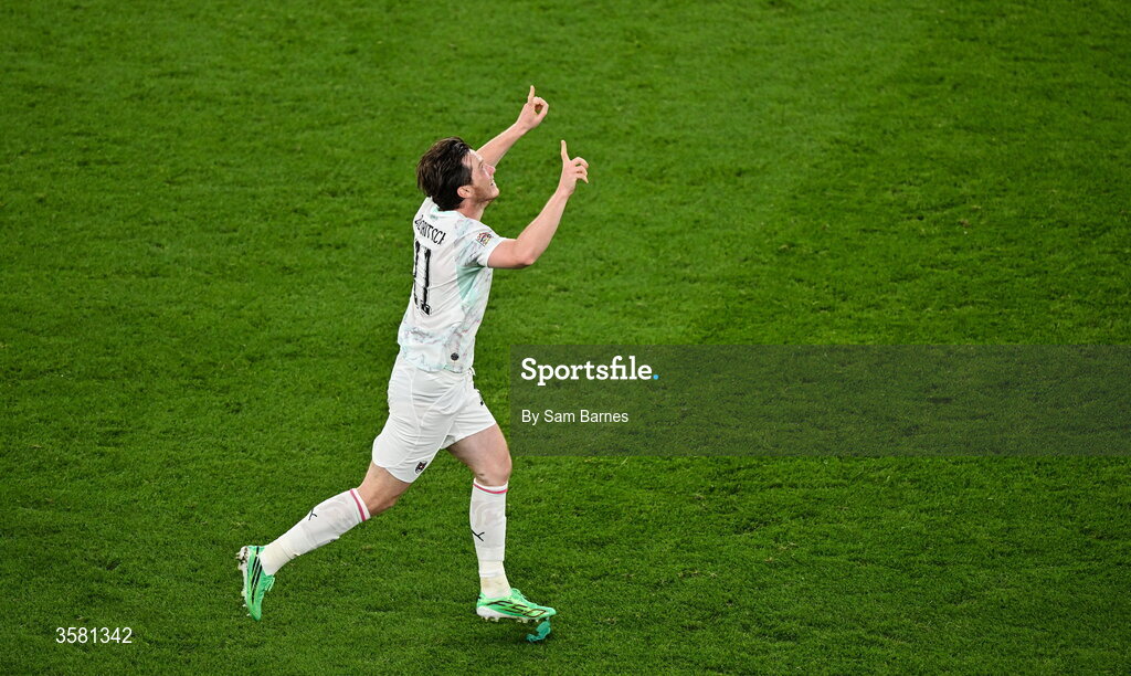1 October 2026; Michael Gregoritsch of Austria celebrates after scoring his side's second goal during the UEFA Nations League B match between the Republic of Ireland and Austria at the Aviva Stadium in Dublin. Photo by Sam Barnes/Sportsfile