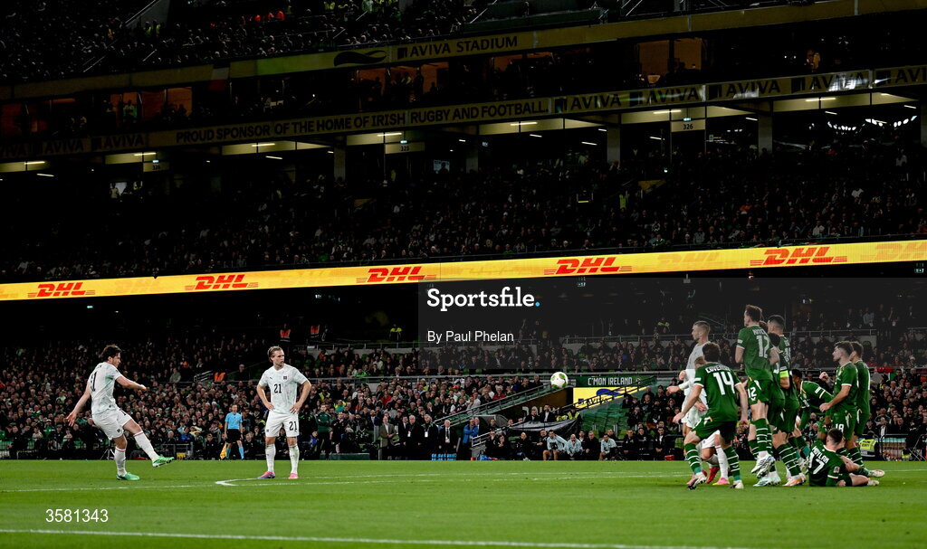 1 October 2026; Michael Gregoritsch of Austria shoots to score his side's second goal during the UEFA Nations League B match between the Republic of Ireland and Austria at the Aviva Stadium in Dublin. Photo by Paul Phelan/Sportsfile