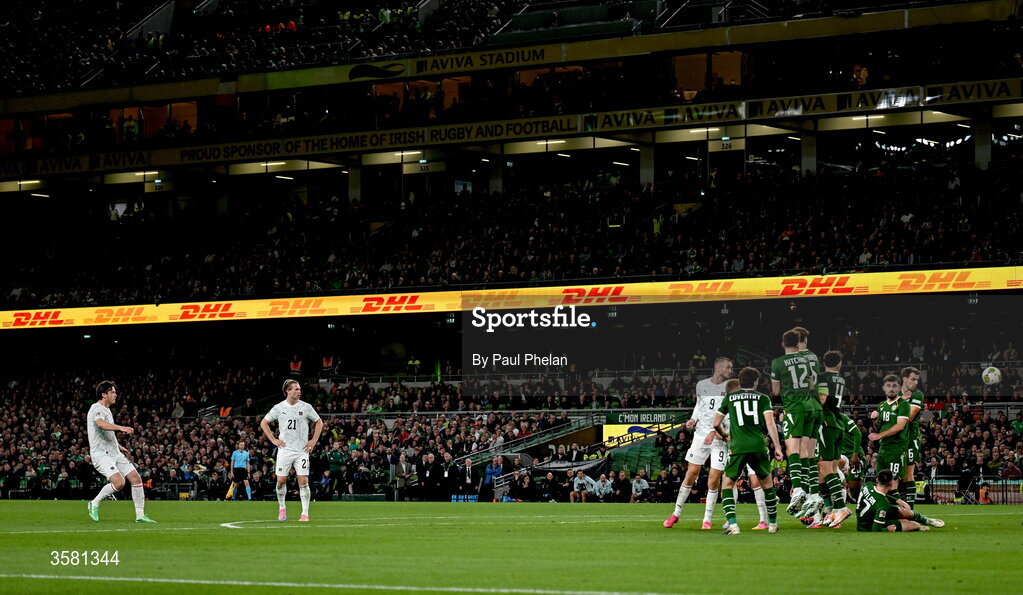 1 October 2026; Michael Gregoritsch of Austria shoots to score his side's second goal during the UEFA Nations League B match between the Republic of Ireland and Austria at the Aviva Stadium in Dublin. Photo by Paul Phelan/Sportsfile