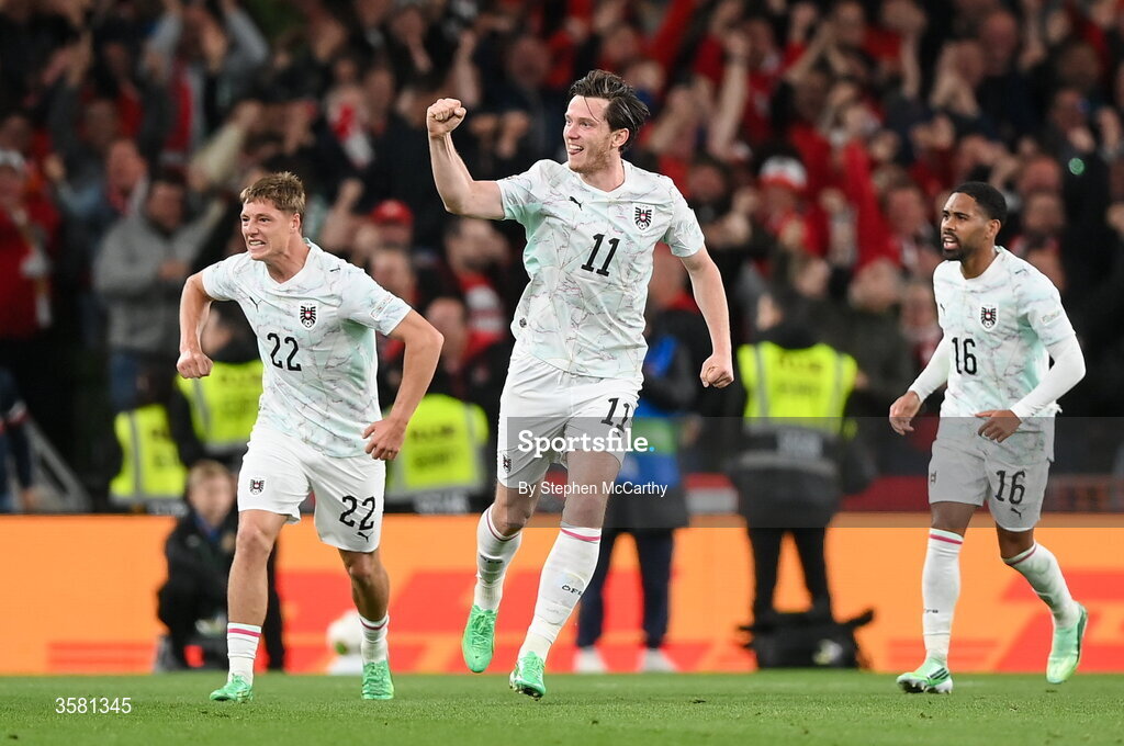 1 October 2026; Michael Gregoritsch of Austria celebrates after scoring his side's second goal during the UEFA Nations League B match between the Republic of Ireland and Austria at the Aviva Stadium in Dublin. Photo by Stephen McCarthy/Sportsfile