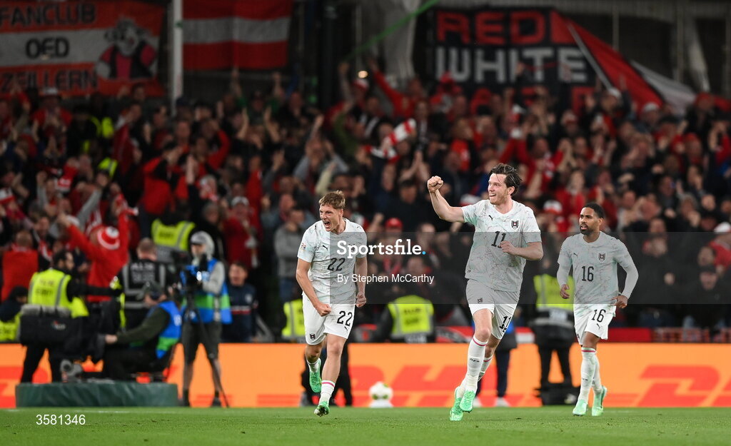 1 October 2026; Michael Gregoritsch of Austria celebrates after scoring his side's second goal during the UEFA Nations League B match between the Republic of Ireland and Austria at the Aviva Stadium in Dublin. Photo by Stephen McCarthy/Sportsfile
