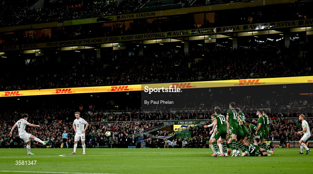1 October 2026; Michael Gregoritsch of Austria shoots to score his side's second goal during the UEFA Nations League B match between the Republic of Ireland and Austria at the Aviva Stadium in Dublin. Photo by Paul Phelan/Sportsfile