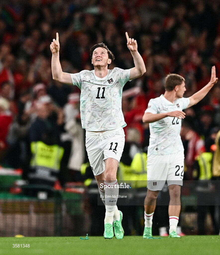 1 October 2026; Michael Gregoritsch of Austria, 11, celebrates after scoring his side's second goal during the UEFA Nations League B match between the Republic of Ireland and Austria at the Aviva Stadium in Dublin. Photo by Ben McShane/Sportsfile
