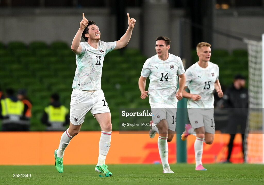 1 October 2026; Michael Gregoritsch of Austria celebrates after scoring his side's second goal during the UEFA Nations League B match between the Republic of Ireland and Austria at the Aviva Stadium in Dublin. Photo by Stephen McCarthy/Sportsfile