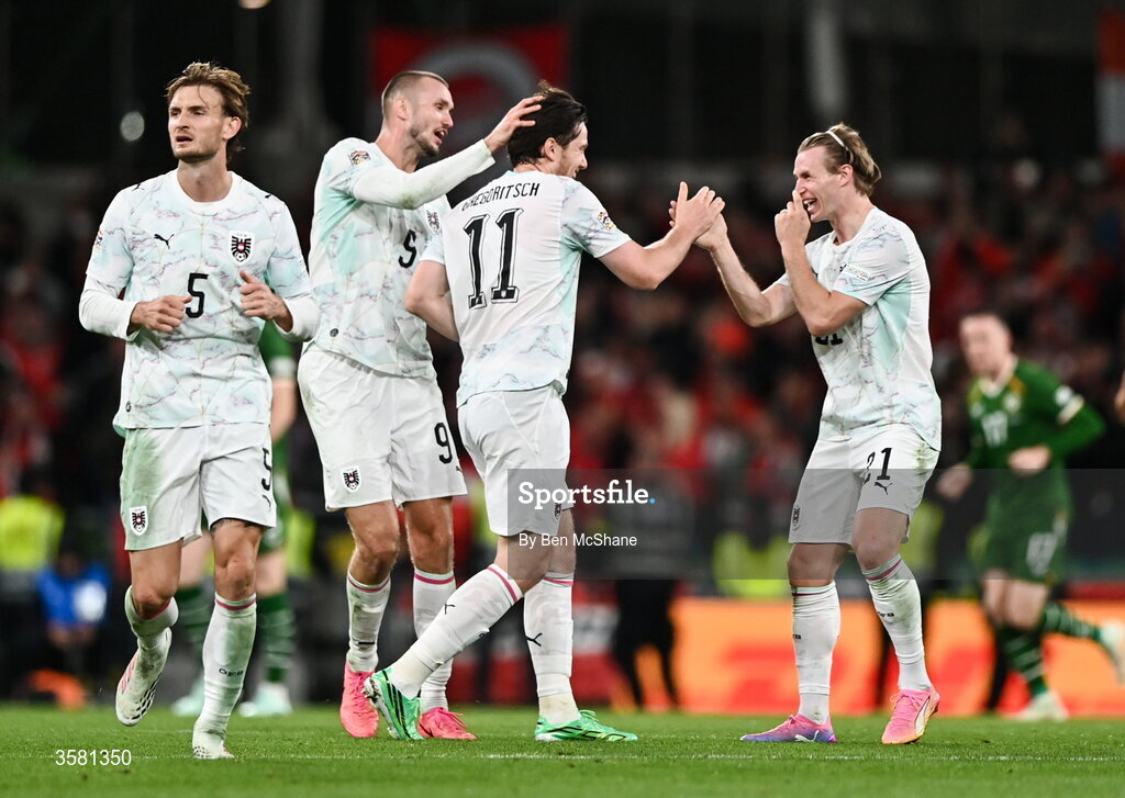 1 October 2026; Michael Gregoritsch of Austria, 11, celebrates with teammates after scoring his side's second goal during the UEFA Nations League B match between the Republic of Ireland and Austria at the Aviva Stadium in Dublin. Photo by Ben McShane/Sportsfile