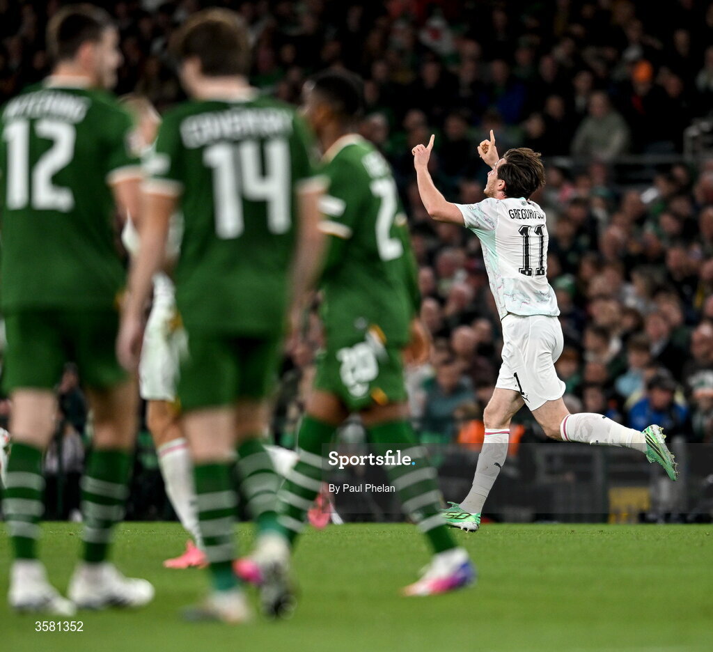 1 October 2026; Michael Gregoritsch of Austria, 11, celebrates after scoring his side's second goal during the UEFA Nations League B match between the Republic of Ireland and Austria at the Aviva Stadium in Dublin. Photo by Paul Phelan/Sportsfile