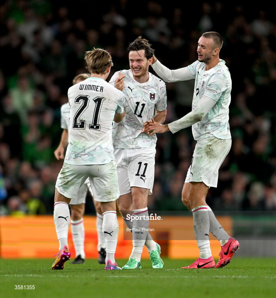 1 October 2026; Michael Gregoritsch of Austria, centre, celebrates with team-mates Patrick Wimmer, left, and Sasa Kalajdzic after scoring their side's second goal during the UEFA Nations League B match between the Republic of Ireland and Austria at the Aviva Stadium in Dublin. Photo by Paul Phelan/Sportsfile