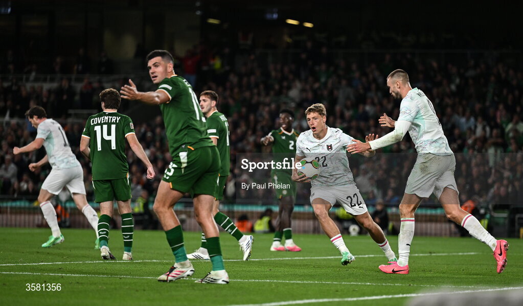 1 October 2026; Alexander Prass of Austria, 22, celebrates with team-mate Sasa Kalajdzic after scoring their side's first goal during the UEFA Nations League B match between the Republic of Ireland and Austria at the Aviva Stadium in Dublin. Photo by Paul Phelan/Sportsfile