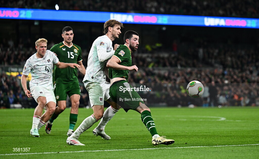 1 October 2026; Finn Azaz of Republic of Ireland is tackled by Stefan Posch of Austria during the UEFA Nations League B match between the Republic of Ireland and Austria at the Aviva Stadium in Dublin. Photo by Ben McShane/Sportsfile