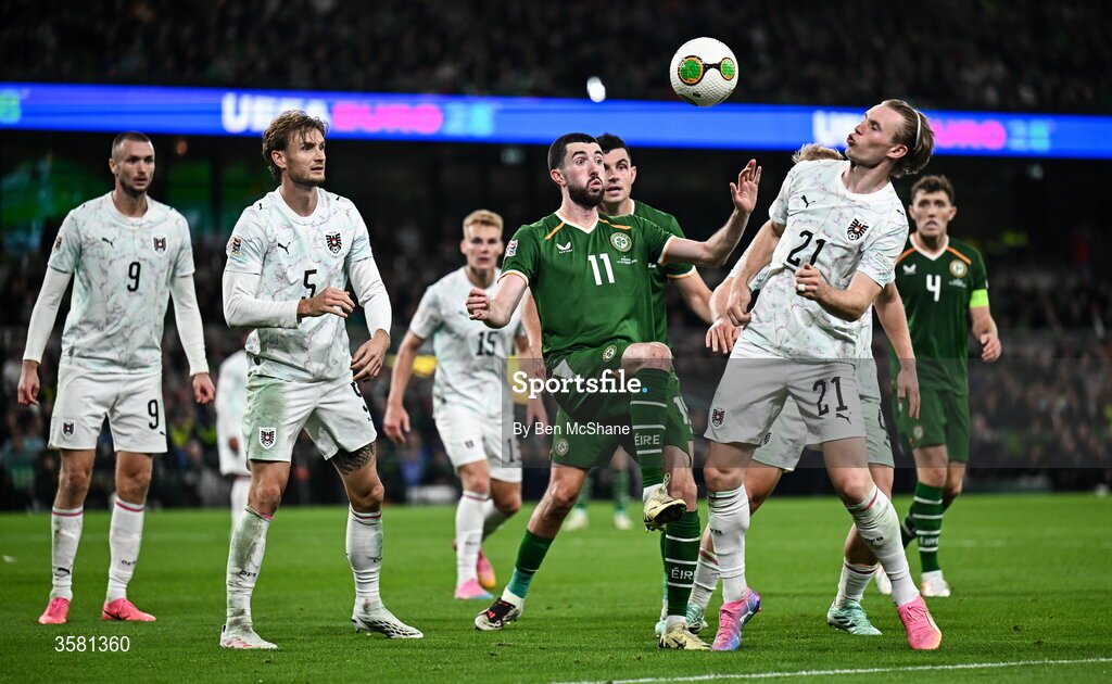 1 October 2026; Finn Azaz of Republic of Ireland in action against Austria players, from left, Sasa Kalajdzic, Stefan Posch, Philipp Lienhart and Patrick Wimmer during the UEFA Nations League B match between the Republic of Ireland and Austria at the Aviva Stadium in Dublin. Photo by Ben McShane/Sportsfile