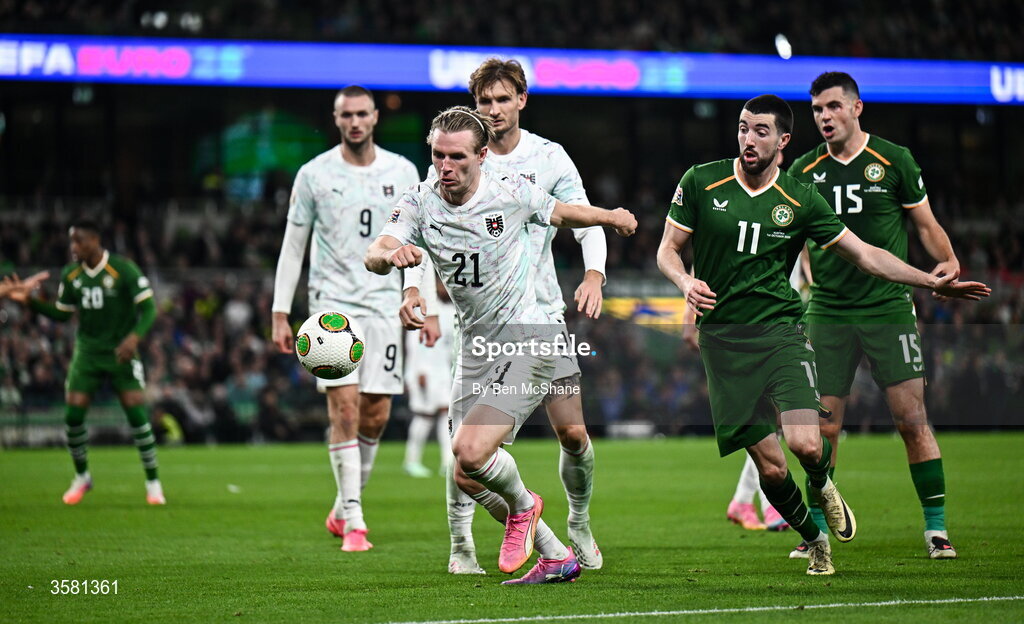 1 October 2026; Patrick Wimmer of Austria in action against Finn Azaz of Republic of Ireland during the UEFA Nations League B match between the Republic of Ireland and Austria at the Aviva Stadium in Dublin. Photo by Ben McShane/Sportsfile