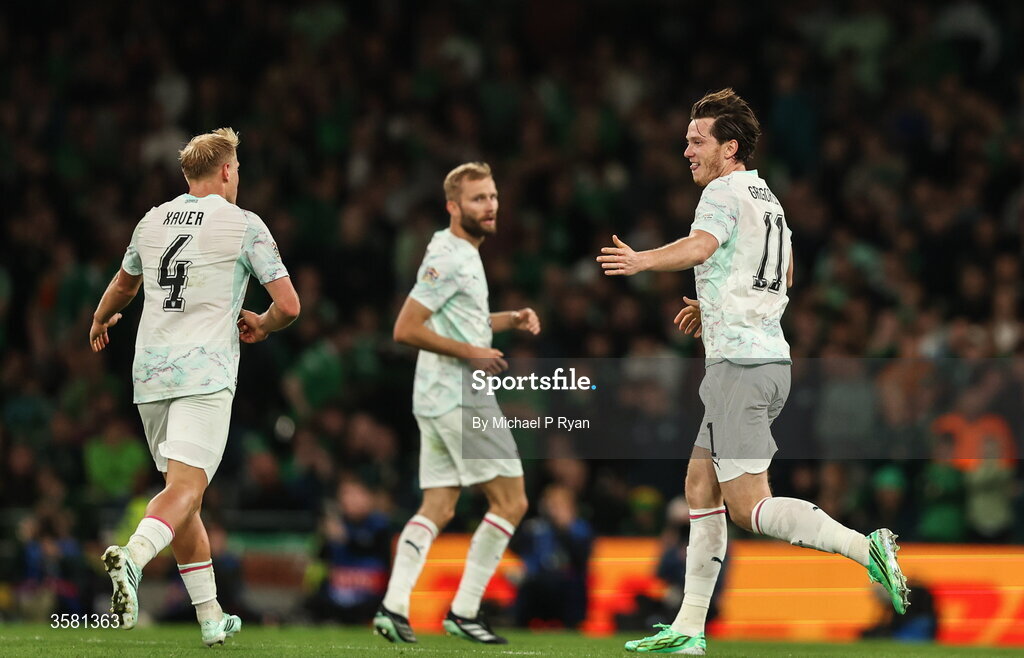 1 October 2026; Michael Gregoritsch of Austria, right, celebrates after scoring his side's second goal during the UEFA Nations League B match between the Republic of Ireland and Austria at the Aviva Stadium in Dublin. Photo by Michael P Ryan/Sportsfile