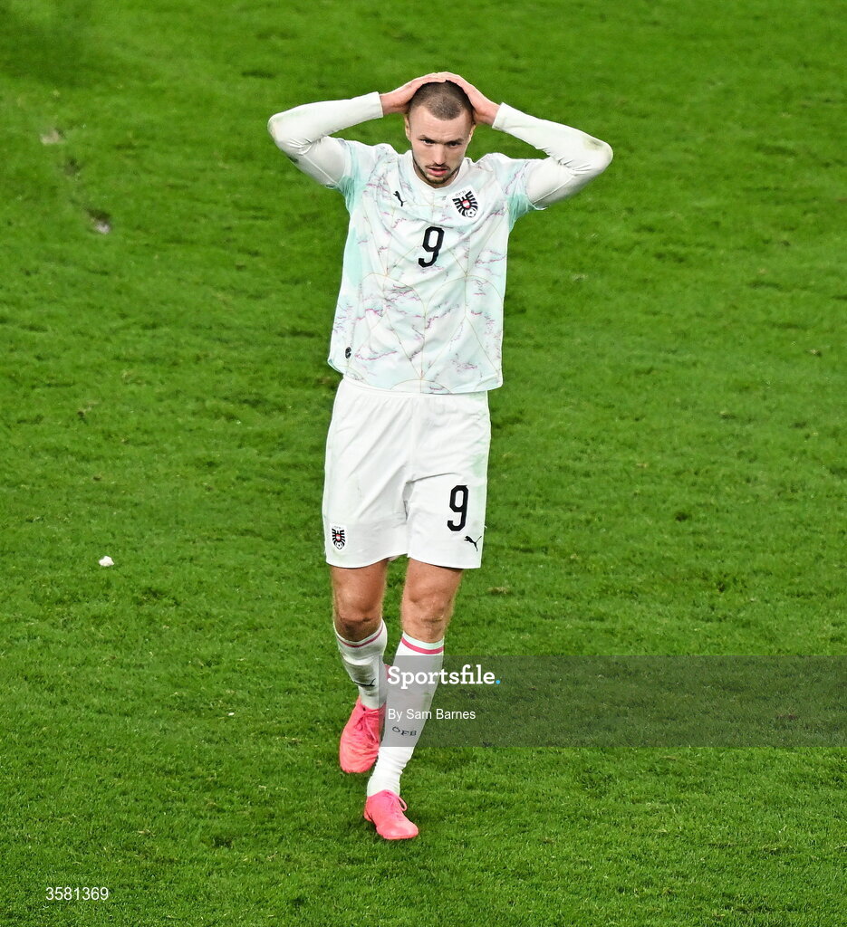 1 October 2026; Sasa Kalajdzic of Austria reacts during the UEFA Nations League B match between the Republic of Ireland and Austria at the Aviva Stadium in Dublin. Photo by Sam Barnes/Sportsfile
