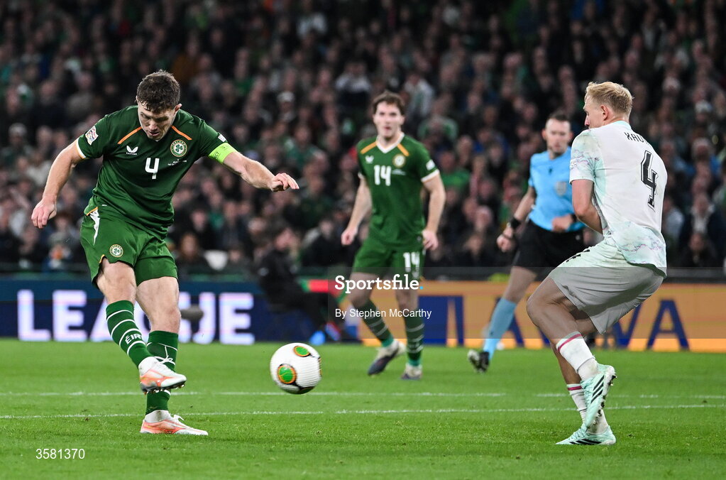 1 October 2026; Dara O'Shea of Republic of Ireland in action against Xaver Schlager of Austria during the UEFA Nations League B match between the Republic of Ireland and Austria at the Aviva Stadium in Dublin. Photo by Stephen McCarthy/Sportsfile