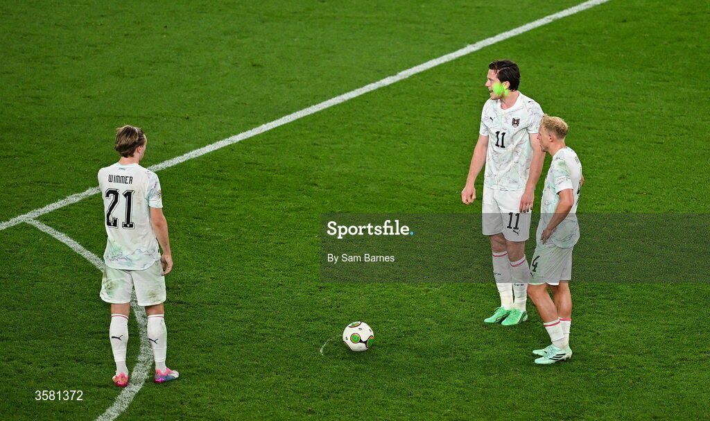 1 October 2026; A laser is pointed at Michael Gregoritsch of Austria, 11, as he prepares to take a free-kick during the UEFA Nations League B match between the Republic of Ireland and Austria at the Aviva Stadium in Dublin. Photo by Sam Barnes/Sportsfile
