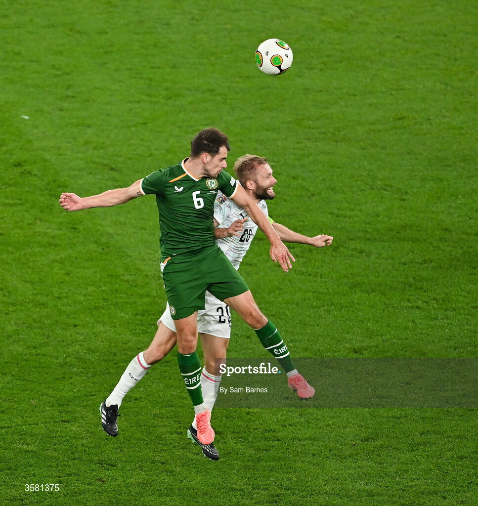 1 October 2026; Jayson Molumby of Republic of Ireland in action against Konrad Laimer of Austria during the UEFA Nations League B match between the Republic of Ireland and Austria at the Aviva Stadium in Dublin. Photo by Sam Barnes/Sportsfile