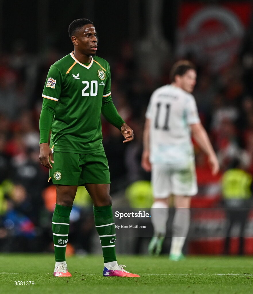 1 October 2026; Chiedozie Ogbene of Republic of Ireland during the UEFA Nations League B match between the Republic of Ireland and Austria at the Aviva Stadium in Dublin. Photo by Ben McShane/Sportsfile