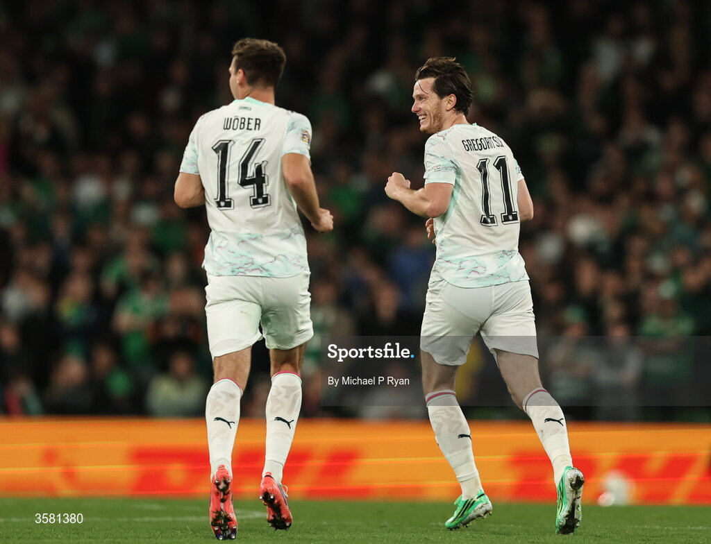 1 October 2026; Michael Gregoritsch of Austria, right, celebrates after scoring his side's second goal during the UEFA Nations League B match between the Republic of Ireland and Austria at the Aviva Stadium in Dublin. Photo by Michael P Ryan/Sportsfile