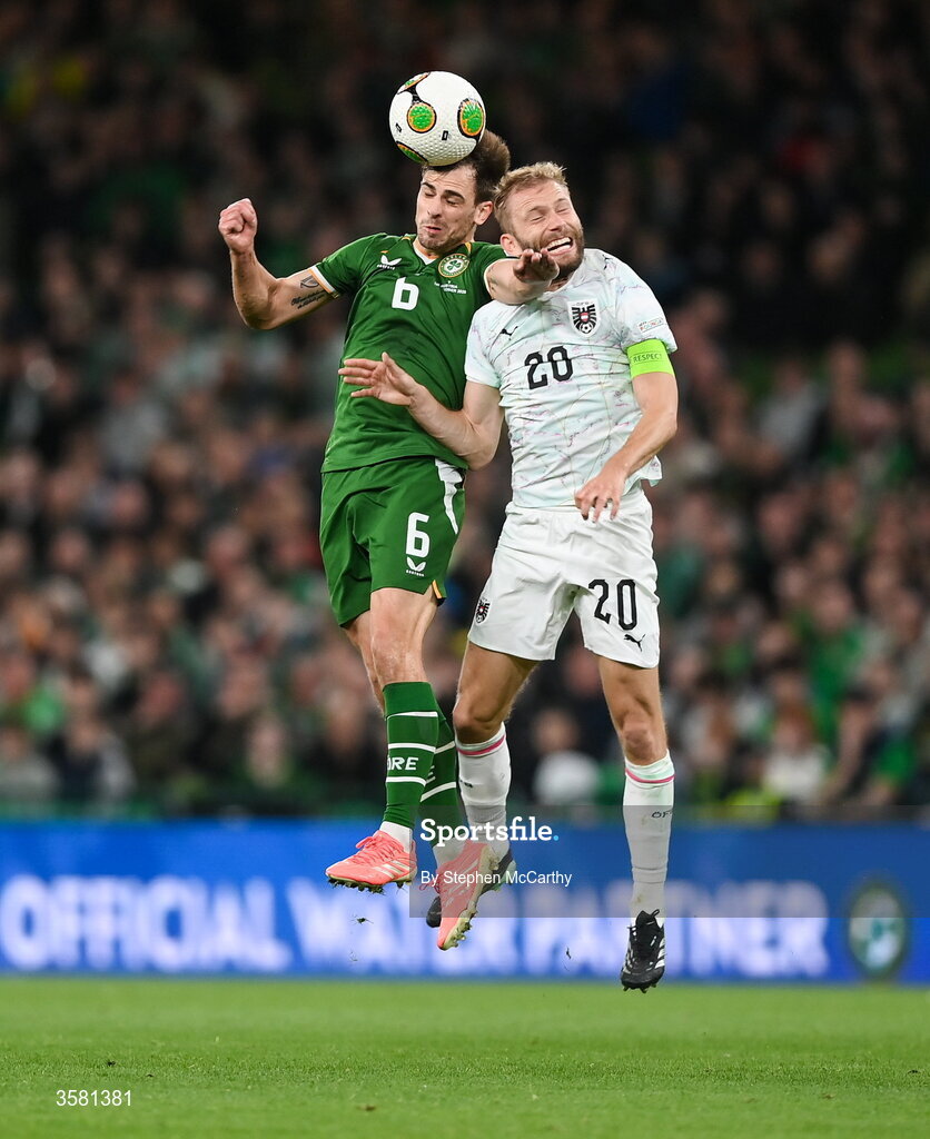 1 October 2026; Jayson Molumby of Republic of Ireland in action against Konrad Laimer of Austria during the UEFA Nations League B match between the Republic of Ireland and Austria at the Aviva Stadium in Dublin. Photo by Stephen McCarthy/Sportsfile