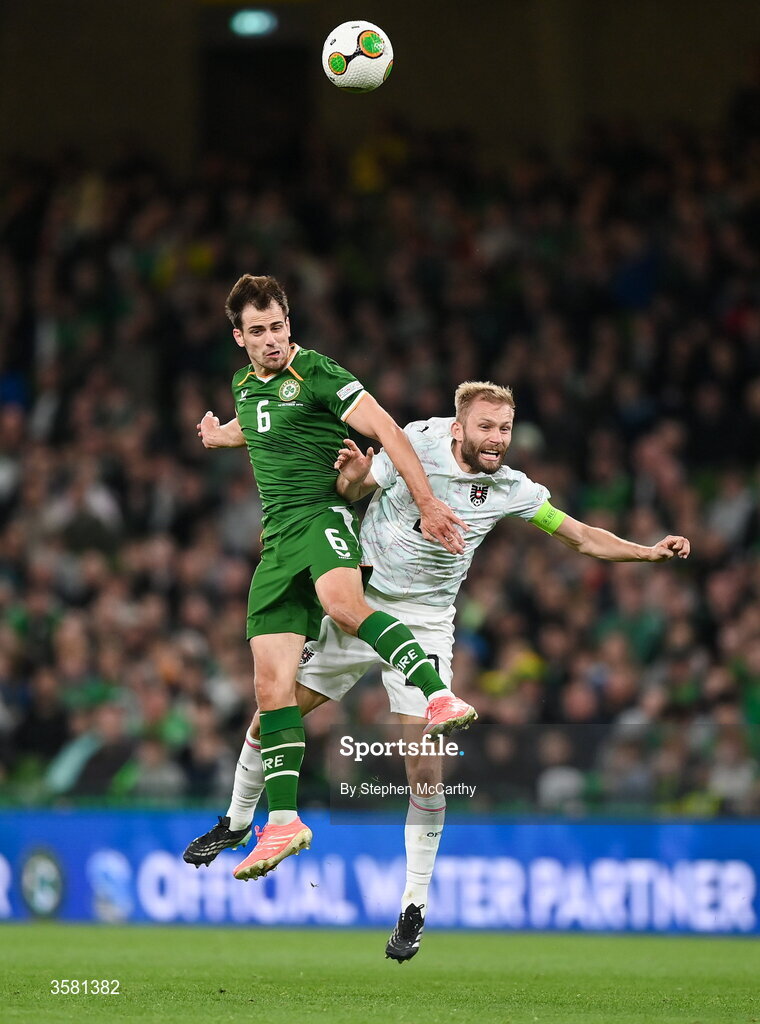1 October 2026; Jayson Molumby of Republic of Ireland in action against Konrad Laimer of Austria during the UEFA Nations League B match between the Republic of Ireland and Austria at the Aviva Stadium in Dublin. Photo by Stephen McCarthy/Sportsfile