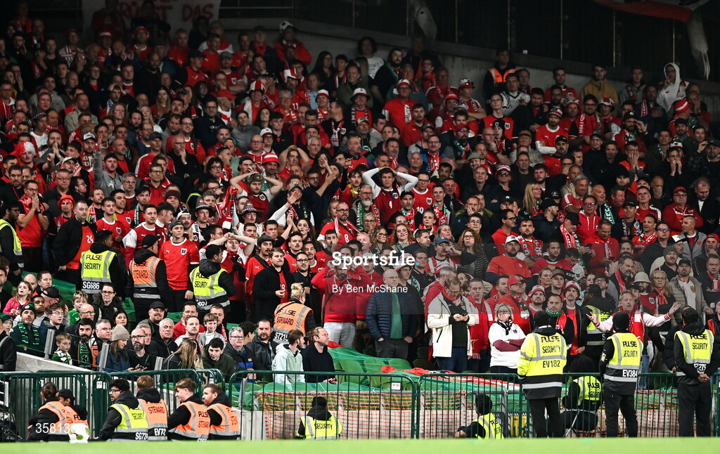 1 October 2026; Austria supporters during the UEFA Nations League B match between the Republic of Ireland and Austria at the Aviva Stadium in Dublin. Photo by Ben McShane/Sportsfile