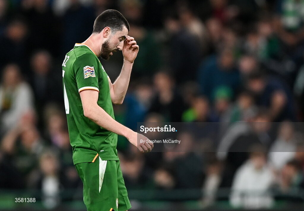 1 October 2026; Finn Azaz of Republic of Ireland reacts after a missed chance during the UEFA Nations League B match between the Republic of Ireland and Austria at the Aviva Stadium in Dublin. Photo by Stephen McCarthy/Sportsfile