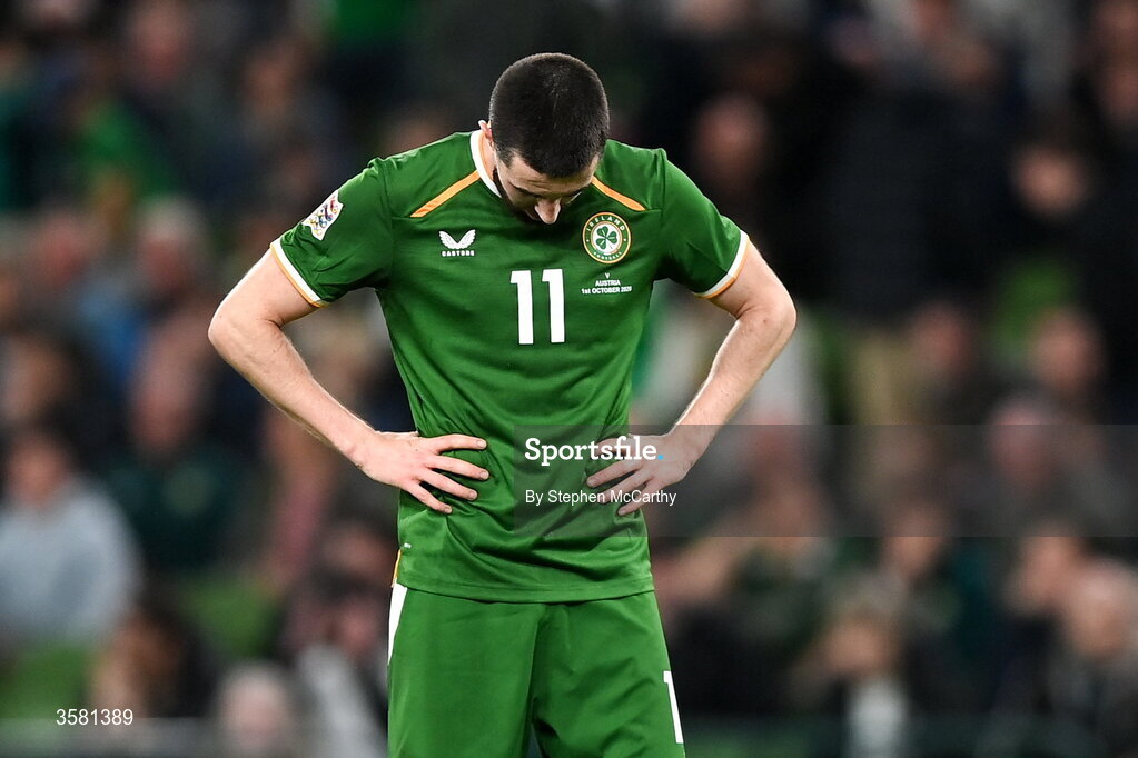 1 October 2026; Finn Azaz of Republic of Ireland reacts after a missed chance during the UEFA Nations League B match between the Republic of Ireland and Austria at the Aviva Stadium in Dublin. Photo by Stephen McCarthy/Sportsfile