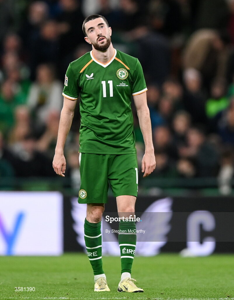 1 October 2026; Finn Azaz of Republic of Ireland reacts after a missed chance during the UEFA Nations League B match between the Republic of Ireland and Austria at the Aviva Stadium in Dublin. Photo by Stephen McCarthy/Sportsfile