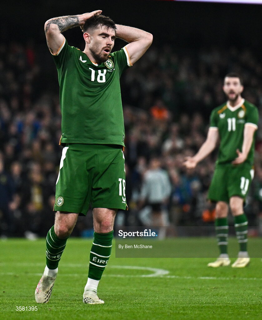 1 October 2026; Ryan Manning of Republic of Ireland reacts after a missed chance during the UEFA Nations League B match between the Republic of Ireland and Austria at the Aviva Stadium in Dublin. Photo by Ben McShane/Sportsfile