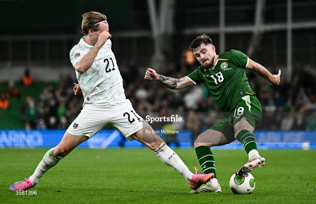 1 October 2026; Ryan Manning of Republic of Ireland in action against Patrick Wimmer of Austria during the UEFA Nations League B match between the Republic of Ireland and Austria at the Aviva Stadium in Dublin. Photo by Ben McShane/Sportsfile