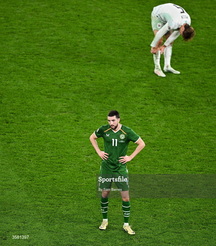 1 October 2026; Finn Azaz of Republic of Ireland reacts after the UEFA Nations League B match between the Republic of Ireland and Austria at the Aviva Stadium in Dublin. Photo by Sam Barnes/Sportsfile